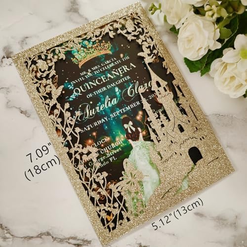 20PCS Castle Pocket Invitations, Quinceanera Invitations with Envelopes, Princess Invitation, Laser Cut quince invites (glitter light gold) - Image 2