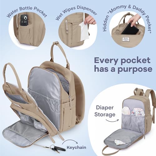 RUVALINO Baby Diaper Bag Backpack with Changing Pad, Waterproof, Clay - Image 3