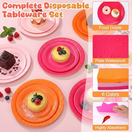 Ziliny 420 Pcs Orange and Pink Paper Plates and Napkins 9 oz Paper Cups Forks Knives Spoons Disposable Tableware for Summer Tropical Theme Birthday Party Supplies, Serves 60 - Image 3