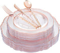 Liacere 150PCS Rose Gold Plastic Plates - Clear Rose Gold Disposable Plates with Glitter Bamboo Handle Cutlery - 60 Baroque Elegant Plates, 30 Forks, 30 Spoons, 30 Knives for Wedding ＆ Party & Summer by Liacere