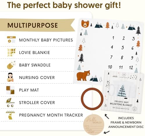 Pondering Pine Organic Baby Monthly Milestone Blanket Boy - Growth Age Blanket for 1-12 Months Milestones with Month Marker Frame and Newborn Announcement Disc, Woodland, Bear, 47”x47” - Image 5