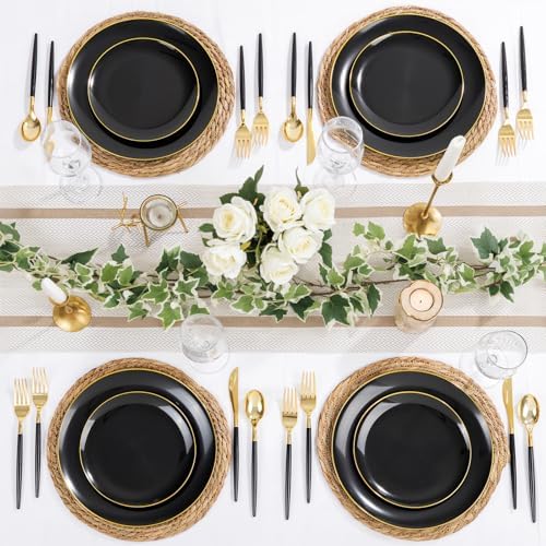 DaYammi 150Pcs Black Plastic Plates with Gold Silverware,Black Disposable Plates Set Included 30 Dinner Plate,30 Dessert plate,30 Knives,30 Forks,30 Spoons,black and gold plates for Party Wedding - Image 4