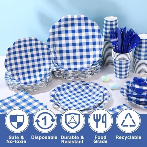 Funnymoom 400 Pcs Gingham Party Supplies for 50 Guests Dark Blue and White Paper Plates and Napkins Knives Spoon Fork Cup Disposable Checkered Dinner Party Set Cutlery for Baby Shower Wedding Favor - Image 4