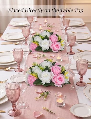 BLOSMON Flower Balls Centerpieces for Table: 6 Pcs Pink White Faux Roses - Image 2