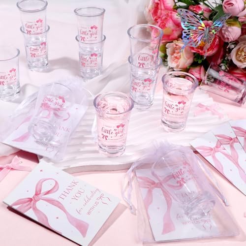 36 Sets Pink Bow Baby Shower Acrylic Shot Glasses A Sweet Little Girl is on Her Way Shot Glasses Coquette Bow Cups Bulk with Thank You Card Bag Bow Theme Party Gifts for Guest Gender Reveal - Image 4
