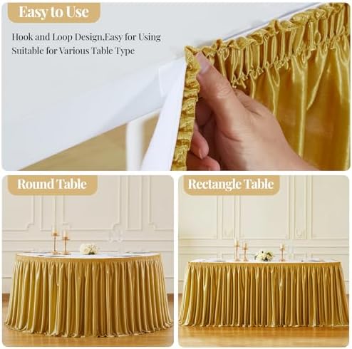 Wish Care 17ft Gold Satin Table Skirt for Rectangle Tables Wrinkle Free Teacher Desk Skirt Glitter Ruffle Table Skirting Cloth for Office Birthday Graduation Cocktail Party Buffet Table Decorations - Image 5