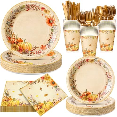 Honeydak 210 Pcs Fall Party Supplies for 30 Guests, Includes Plates, Cups, Napkins, Cutlery - Autumn Pumpkin Maple Tableware Decoration for Thanksgiving, Fall Harvest Party by Honeydak