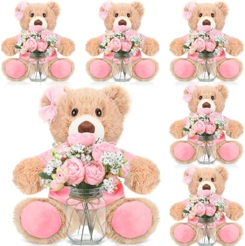 6 Set Teddy Bear Baby Shower Centerpieces with Mason Jar, Pink by Ferrochef