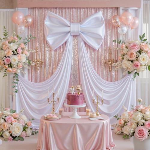 Giant Bow for Backdrop Big White Bow 120x48 Inch Large Satin Ribbon Bow Wall Decor for Wedding Birthday Baby Shower Party Photo Booth, Washable Reusable Fabric Bow for Nursery Bedroom Door Hanging - Image 3