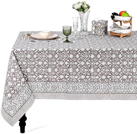 Ridhi Taupe 60x60 Inches Square Indian Hand Block Floral Printed Pure Cotton Cloth Tablecloth, Farmhouse Outdoor Wedding Restaurant Party Home Spring Fall by Ridhi