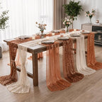 Artoid Mode 6PC Beige Caramel Orange Gauze Table Runner 120 Inch 10FT, Glitter Metallic Foil Sheer for Wedding Anniversary Holiday Birthday Home Party Decor - Image 2