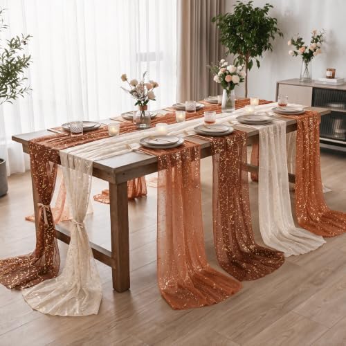 Artoid Mode 6PC Beige Caramel Orange Gauze Table Runner 120 Inch 10FT, Glitter Metallic Foil Sheer for Wedding Anniversary Holiday Birthday Home Party Decor - Image 2