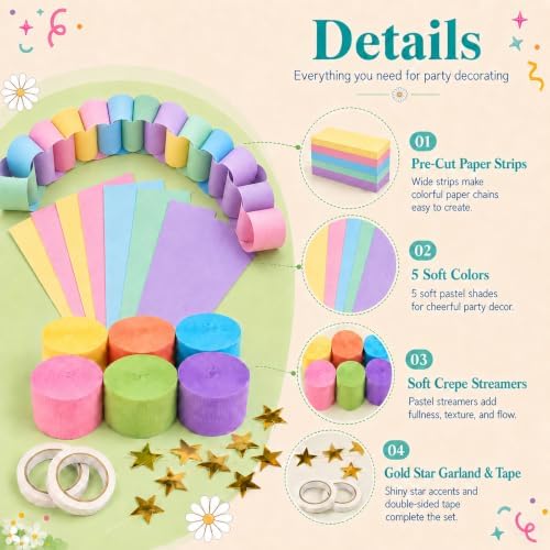 612 Pcs Paper Chain Garland Kit, 600 Sheets Pastel Paper Chain Strips with 6 Rolls Pastel Crepe Paper Streamers and 4 Mirror Star Garlands for Birthday Wedding Party Decorations - Image 7