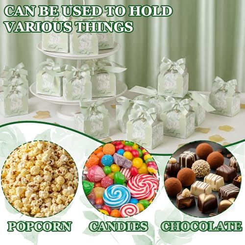 ForraFun 100 Sets Floral Wedding Favor Boxes with Pearl Pendant Bow, Green - Image 6