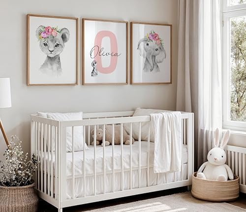 Personalized Safari Nursery Wall Art Set – Custom Name Jungle Animal Prints – Baby Girl Room Decor Pictures Pink Floral Accents – Unframed – Baby Shower Poster for Girls (Personalized Set of 3, 11x14) - Image 2