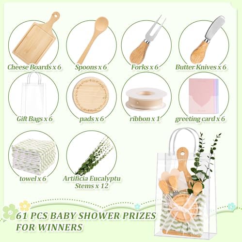 61 Pcs Baby Shower Prizes for Game Winners 6 Sets Bamboo Cheese Board Kit with Spoon Fork Butter Spreaders Plaid Towel Thank You Card for Guests, Housewarming Adult Party Favors (Green) - Image 6