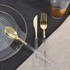 Luxe Party 128 Pieces Two Tone Plastic Disposable Cutlery | Forks-Spoons-Knives | Full Size | Chic Round | Clear and Gold - Image 4