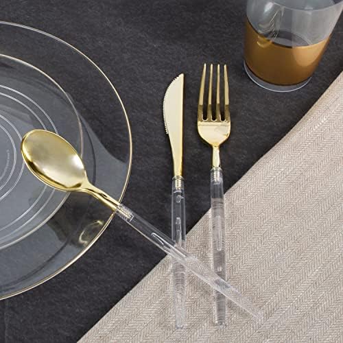 Luxe Party 128 Pieces Two Tone Plastic Disposable Cutlery | Forks-Spoons-Knives | Full Size | Chic Round | Clear and Gold - Image 4