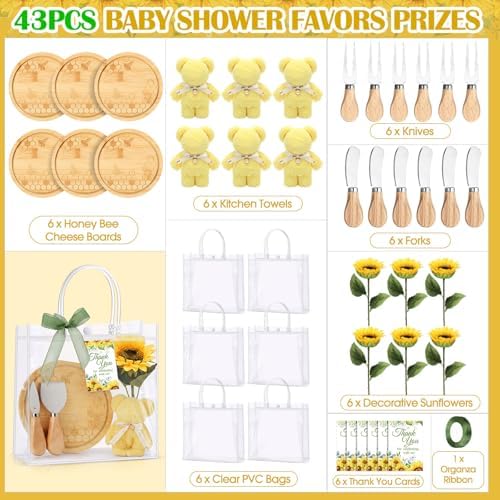 Ferrochef Baby Shower Prizes for Game Winners 6 Set - 43 Pcs Round Bamboo Honey Bee Cheese Board Gift Set with Fake Sunflower Cheese Knife Fork Dish Towel Clear PVC Bag Wedding Bridal Shower Favor - Image 3