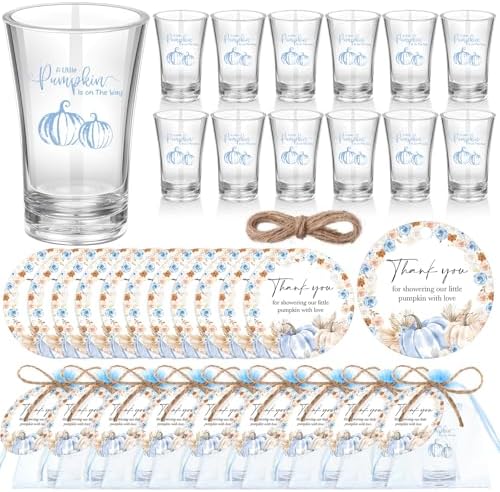 Funnymoom 50 Sets Blue Pumpkin Baby Shower Favors for Guests Souvenir a Little Pumpkin Is on the Way Acrylic Clear Shot Glasses Thank You Tags with Organza Bags for Party Decorations by Funnymoom