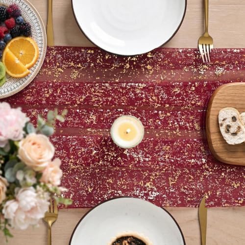 Artoid Mode 6PC Burgundy Gold Gauze Table Runner 120 Inch 10FT, Glitter Metallic Foil Sheer Dining Wedding Anniversary Holiday Birthday Table Decor for Home Party - Image 3