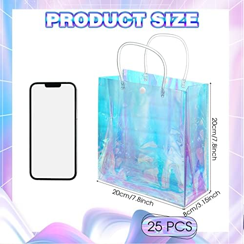 Sherr 25 Pcs Clear Holographic Small Gift Bag Iridescent Reusable PVC Plastic Gift Wrap Tote Bag for Shopping Wedding Birthday Baby Shower Party Favor, 7.87" x 7.87" x 3.15" - Image 2