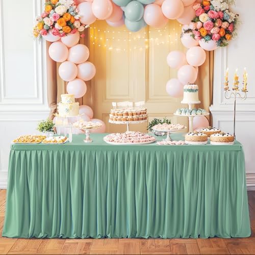 Sage Green Polyester Table Cloths for Rectangle 4 Foot Tables, 2 Pack Wrinkle Free Tablecloths Stretchy Banquet Ruffle Fitted Table Cover Desk Skirt for Parties Wedding Birthday Baby Shower by Unknown