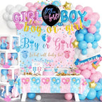 170 PCs Baby Boxes Gender Reveal Decorations, Hombae Boy or Girl Gender Reveal Decorations What Will Baby Be Backdrop Balloon Garland Banner Tablecloth Cake Cupcake Topper Cutout Poster Sash Pink Blue by Hombae