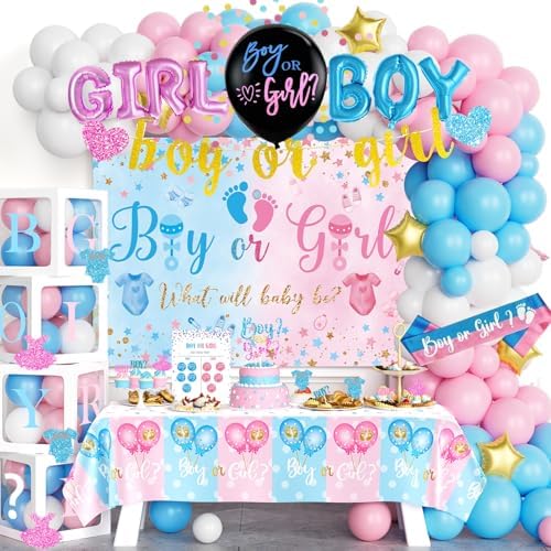 170 PCs Baby Boxes Gender Reveal Decorations, Hombae Boy or Girl Gender Reveal Decorations What Will Baby Be Backdrop Balloon Garland Banner Tablecloth Cake Cupcake Topper Cutout Poster Sash Pink Blue by Hombae