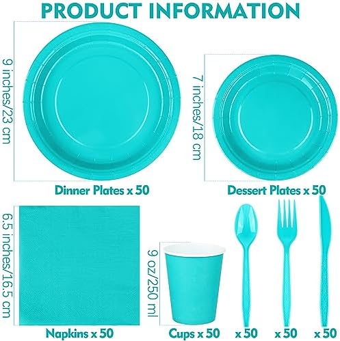 durony 350 Pieces Teal Blue Party Supplies Teal Blue Dinnerware Set Paper Plates Cup Napkins Serve 50 Guests for Birthday Wedding Baby Shower Party Family Picnic - Image 2