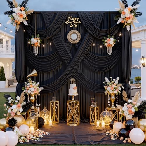 20 ft x 10 ft Wrinkle Free Black Backdrop Curtain for Parties, 4 Panels 10ft Polyester Black Photo Backdrop Drapes for Graduation Birthday Wedding Party Stage Curtains - Image 2