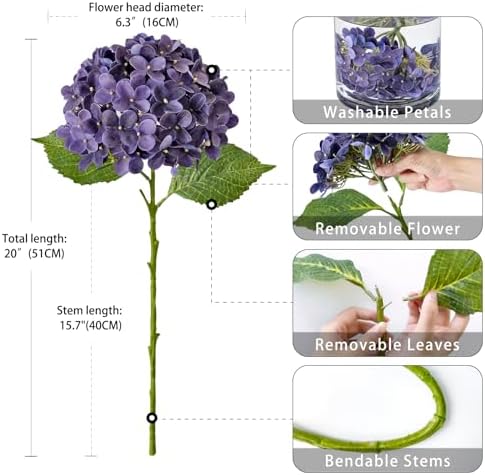 ZYTUYO 20 inches 4 Pcs Violet Purple Real Touch Hydrangea Artificial Flowers Boho Lifelike Real Looking Latex Hydrangeas Flower with Long Stem for Home Decor Spring Table Centrepiece - Image 7