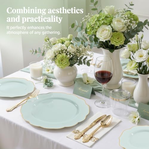 NOCCUR 175PCS Sage Green Plastic Plates with Gold Disposable Silverware - Include 50 Green and Gold Plastic Plates,25 Knives,25 Forks,25 Spoons,25 Cups and 25 Napkins - Wedding/Party/Baby Shower - Image 3