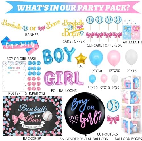 Hombae Baseball or Bows Gender Reveal Decorations, 171 PCs Boy or Girl Gender Reveal Decorations Backdrop Balloon Garland Banner Tablecloth Cake Cupcake Topper Box Cutout Poster Sash Pink Blue - Image 2