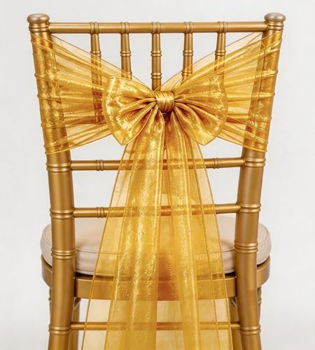 Pack of 50 Wedding Organza Gold Chair Sashes Bows - Tulle Sheer Chair Sashes for Party Banquet Hotel Restaurant Birthday Engagement Bridal Shower Events Decorations by WENSINL