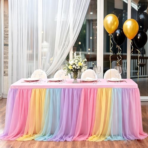 Rainbow Tablecloth for 6 Foot Rectangle Tables with Tulle Table Skirt - Image 7