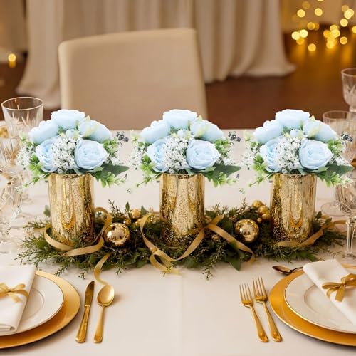 Suncalla 6 Sets Gold Cylinder Vases Artificial Peony Candle Holders, Blue - Image 4