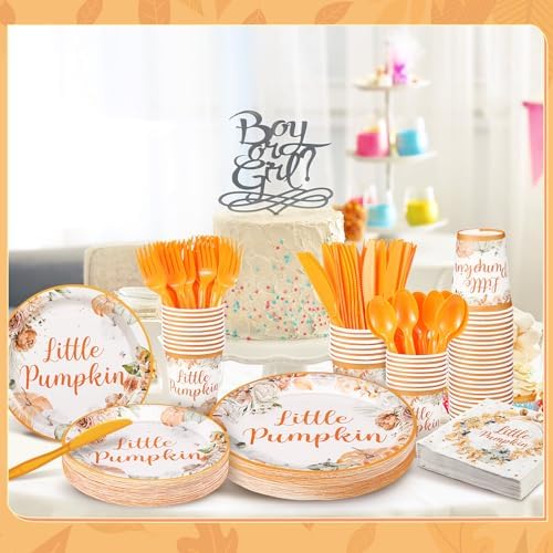 Dandat 350 Pcs Baby Shower Plates Set Baby Shower Party Supplies Serves 50 Tableware Sets Include Plates Napkin Cup Forks Knives Spoons Disposable Dinnerware(Little Pumpkin,Orange) - Image 5