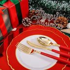 WDF 30Guest Red Plastic Plates - Gold Plastic Silverware With Red Handle - Red Plates Disposable- Baroque Plastic Dinnerware for Wedding Baby Shower Spring Birthday - Image 4