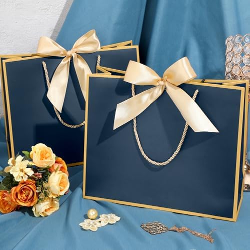 Silkfly 24 Pcs Paper Gift Bags with Handles & Bow Ribbon, Navy Blue, Gold - Image 5