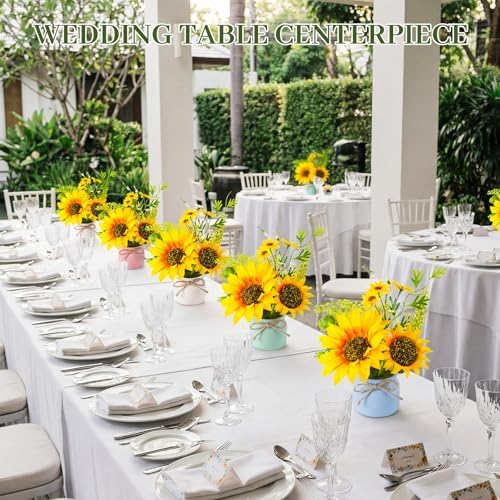 Zeyune Artificial Sunflower Potted Plants Rustic Wedding Table Centerpieces Summer Spring Kitchen Silk Yellow Flower with Plastic Pot for Home Bathroom Office Bridal Shower(8 Pcs,4 Colors,Sunflower) - Image 4