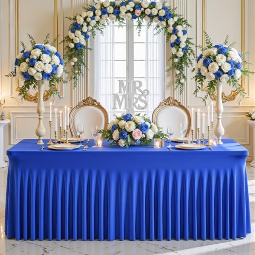 Wish Care 2 Pack Royal Blue Spandex Table Clothes for 8 Foot Rectangle Tables, 8FT Wrinkle Free Fitted Tablecloths Ruffles Design Table Cloth for Party, Banquet, Wedding and Events - Image 2