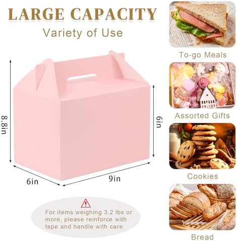 TryDrem 50 Pack Large Gable Boxes with Handles, 9x6x6 Inch Spacious Capacity Party Favor Boxes, Pink Treat Box for Gifts, Bread, Cookies, Lunch, Bakery, Wedding, Birthday, Picnic - Image 2