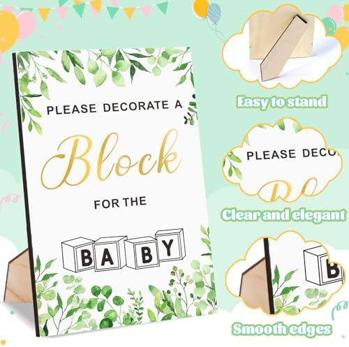 Baby Shower Blocks Game Set with Wooden Box, Acrylic Markers & Wooden Sign for Baby Shower Games, Gender Reveal & Decorations (GreenLeaves) - Image 5