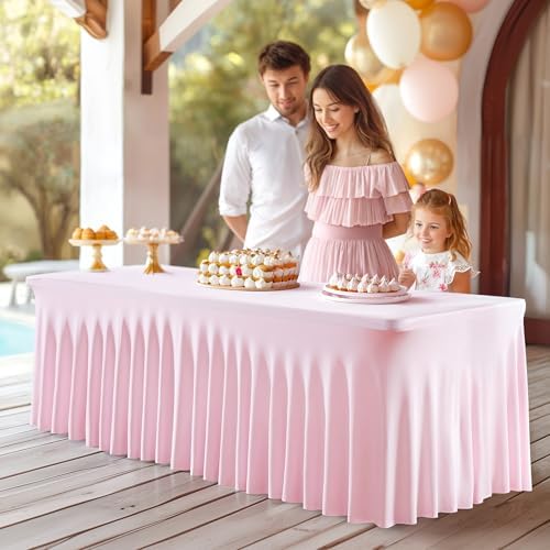 PARTISKY Pink Spandex Tablecloth for 6ft Rectangle Tables, Stretchable Table Cover Skirt for Folding Tables Weddings Parties Banquets Events Trade Shows and Dessert Table by Partisky
