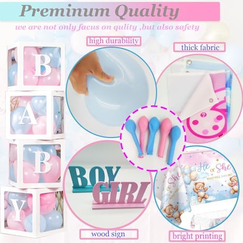 Gender Reveal Decorations Pink Blue Balloon Arch Garland Kit, Bear Theme, Baby Shower Party Pack With Balloon Boxes,Backdrop,Wood Table Sign,Tablecloth,...170PCS For Girl Boy Gender Reveal - Image 3
