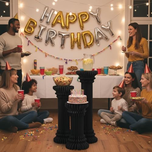 Cylinder Stands for Party, Shape&Use 3PCS Roman Column Black Pedestal Display Stands, Foldable Cardboard Columns for Wedding, Birthday, Anniversary Decor, 11.8in Dia. (23.6/31.5/39.4in H) with Storage Bag by Unknown