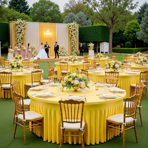 8 Pack Yellow Spandex Round Tablecloths for 72 inch Table, Wrinkle Free Stretchy 132inch Fitted 6ft Round Table Cover with Skirt for Wedding Party Dining Banquet - Image 3