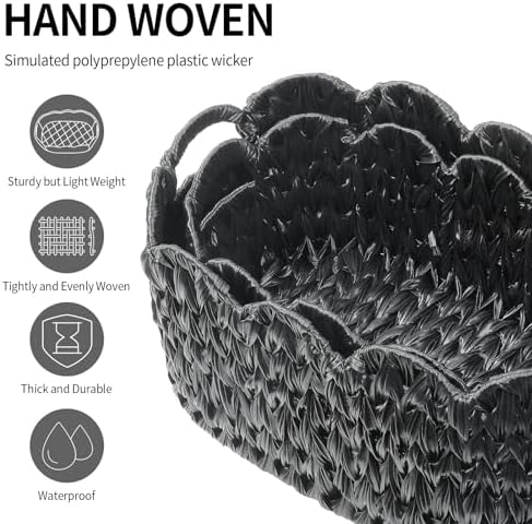 Coeusy Wicker Scalloped Basket Set of 2,Woven Storage Baskets for Shelves,Closet,Laundry,Gift,Towels,Books,Toys,Waterproof Decor Basket for Organizing,Black Oval - Image 6