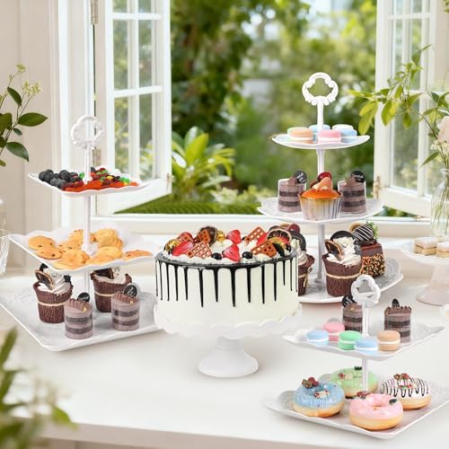 11Pcs Dessert Table Display Set, White Cupcake Stand Set with 3-Tier & 2-Tier Dessert Stands, 10" Plastic Cake Stand & Serving Trays for Wedding, Birthday, Baby Shower, Party&treat table displays set - Image 5